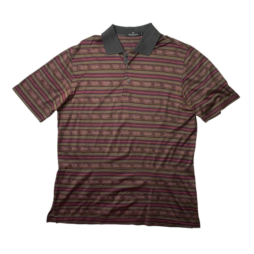 BUGATCHI Uomo Shirt Mens L Large Multi Geo Striped Cotton Short Sleeve Polo